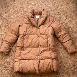 LOFT Tan Knee Length Puffer Coat with High Collar